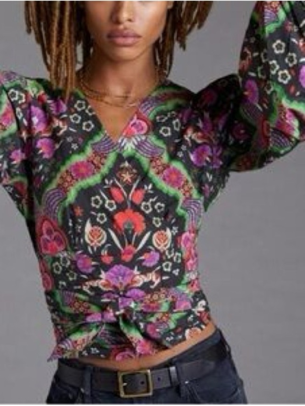 Anthropologie Conditions Apply Black Floral V-Neck Puff Sleeve Tie-Waist Top